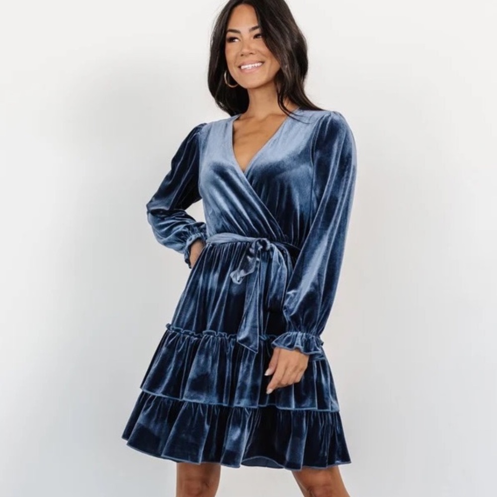 Baltic Born Shannon Velvet Short Dress Long Poet Sleeve Slate Blue Womens M EUC